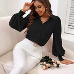 Nadorine V Neck Crinkle Crepe Lantern Sleeves Shirt Top Button-Down Loose Blouse