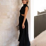 Stand Collar Solid Color Hollow Waist Long Dress