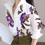 Long Sleeves Loose Flower Print Stand Collar Blouses&Shirts Tops