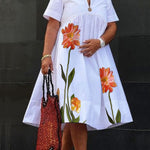 A-Line High Waisted Flower Print Pleated V-Neck Midi Dresses
