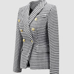 Houndstooth Double Breasted Button Down Notch Collar Blazer Jacket with Pockets