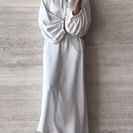 Loose Puff Sleeves Drawstring Solid Color Split-Joint V-Neck Maxi Dresses Shirt Dress