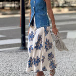 Vintage Blue and Gold Floral Satin Midi Skirt