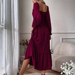 Solid Color Long Sleeve Dress Square Neck Lotus Leaf Maxi Dress
