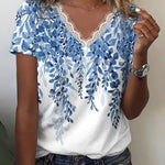 Summer Tee Tops Lace Trim Tunic Short Sleeve V Neck Boho Floral Print Shirts