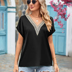 Short Sleeve V Neck Blouse Top Lace Trim Casual Summer Tee Shirt