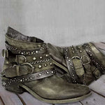 Vintage Washed Studded Buckles Ankle Boots