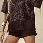 Full of Surprises Sequin Short Sleeve Tassle Trim Loose Top