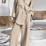 Nadorine Casual Retro Two-Piece Sets Long Sleeve Loose Shirt and Elastic Waist Wide Leg Pants