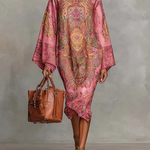 Long Sleeves Loose Contrast Color Printed Mock Neck Midi Dresses