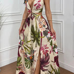 Seinah Floral Print Cutout Waist Open Back Lace-up Slit Maxi Dress