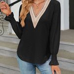 Solid Color Lace Patchwork V-Neck Loose-Fitting Long-Sleeved T-Shirt Top