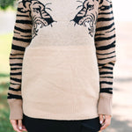 Oatmeal Tiger Printed Long Sleeve Sweater