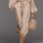 Elegant Flowing Versatile Tie-front V-neck Flared Sleeves Beige Chiffon Blouse And Pants Set