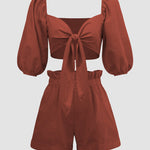 Half Sleeve Knot Front Crop Cardigan Top with Shorts Sets