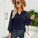 Nadorine V Neck Tops Solid Color Blouse Long Sleeve Pullover Lace Patchwork Shirt