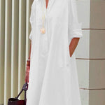 Simple Long Sleeves Solid Color Lapel Midi Dress