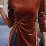 Gold velvet twist stretch crew neck long-sleeved top