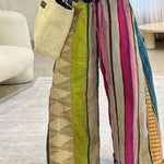 Loose Wide Leg Contrast Color Drawstring Printed Striped Casual Pants Bottoms Trousers