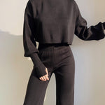 Women's Knitted Two Pieces Sets Turtleneck Cropped Sweater with High-waisted Flared Pants