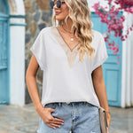 Short Sleeve V Neck Blouse Top Lace Trim Casual Summer Tee Shirt