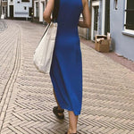 Summer A-Line Knitted Midi Dress Women Sleeveless Solid Sexy Long Dress