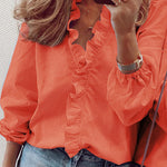 Puff Sleeves Falbala Solid Color V-Neck Blouses