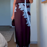 Elegant Brown and Blue Lace Panel Top + Skirt Suit Set