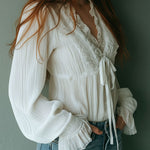 Boho Ruffled V-Neck White Pleated Lace Tie-Front Blouse