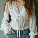 Boho Ruffled V-Neck White Pleated Lace Tie-Front Blouse