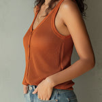 Boho Lightweight Burnt Orange Button-Front Mesh Knit Tank