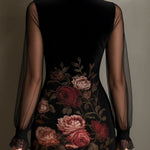 Velvet Rose Print Sheer Patchwork Mini Dress With Lace Trim