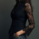 Elegant Black Lace Panel Sleeve Blazer Top