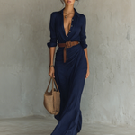 Ladies Lapel Single Breasted Long Sleeve Belted Maxi Dress