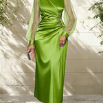 Nadorine Women's Classic Satin Mesh Sleeve Ruched Maxi Wrap Dress