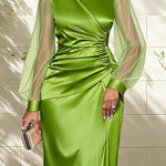 Nadorine Women's Classic Satin Mesh Sleeve Ruched Maxi Wrap Dress
