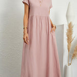 Loose Short Sleeves Pleated Solid Color Round-Neck Midi Dresses