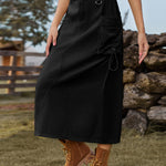 Nadorine Women's Casual High Waist Denim Midi Skirt Drawstring Adjustable Long Jeans Skirt with Pockets