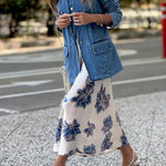 Vintage Blue and Gold Floral Satin Midi Skirt