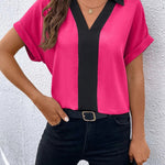 Loose Short Sleeves Contrast Color V-Neck T-Shirts Tops