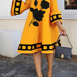 A-Line Flared Sleeves Flower Print Split-Joint Mock Neck Midi Dresses