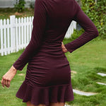 Knit Ruched Long Sleeve Ruffle Bodycon Dress Club Date Night Cocktail Party Dresses