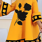 A-Line Flared Sleeves Flower Print Split-Joint Mock Neck Midi Dresses