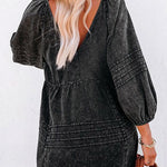 Black Dark Wash Empire Waist V Neck Denim Dress