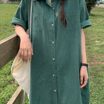 Oversized Button Down Maxi Shirt Dress Short Sleeve Side Split Casual Loose Solid Tunic Dress
