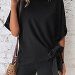 Solid Color Batwing Sleeve Hem Knotted Loose T Top
