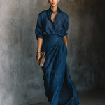 Women's Elegant Dark Blue Textured Pleated Fabric Shirt And Dress Set