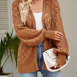 Solid Color Hollowed Out Knitted Cardigan Loose V-Neck Long Sleeved Cardigan Top