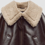 Insulated Faux Leather Jacket with Lapel Collar and Fur Sleeves