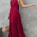 Elegant Halter Neck Tie Striped Pleated Dress